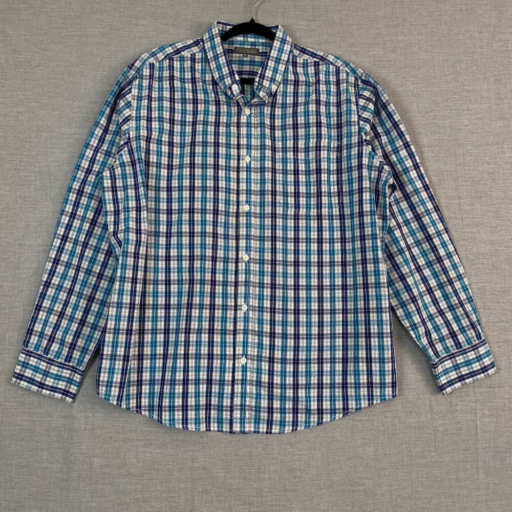 Denver Hayes Classic Fit Button Down Shirt Tattersall Blues Mens XL Long Sleeve